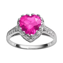 Designs by Gioelli Sterling Silver Lab-Created Pink Sapphire and Lab-Created White Sapphire Heart Crown Ring