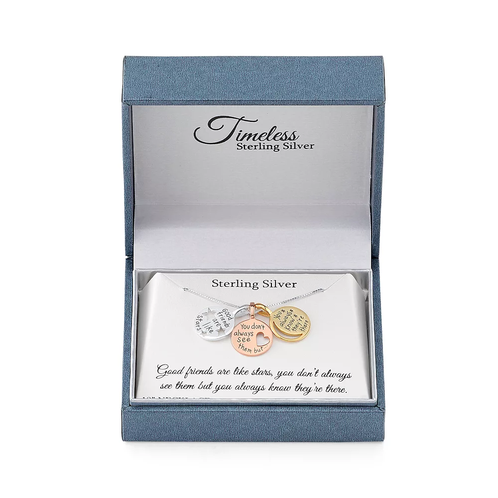 Timeless Sterling Silver Tri-Tone "Good Friends" Triple Disc Pendant Necklace - Image 2
