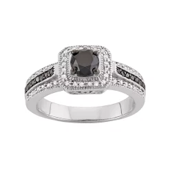 Jewelexcess 1 Carat T.W. Black & White Diamond Sterling Silver Square Halo Ring