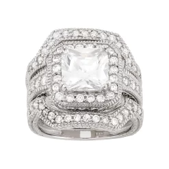 Designs by Gioelli Cubic Zirconia Halo Engagement Ring Set in Sterling Silver