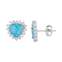 Lab-Created Blue Opal & Cubic Zirconia Sterling Silver Heart Halo Stud Earrings