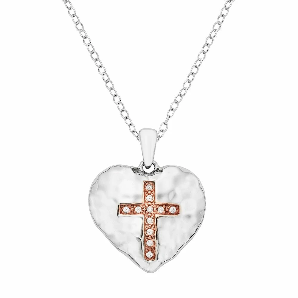 Sterling Silver Diamond Accent Cross Heart Pendant Necklace