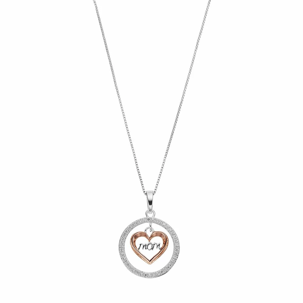 Timeless Sterling Silver Cubic Zirconia "Mom" Heart & Circle Pendant Necklace