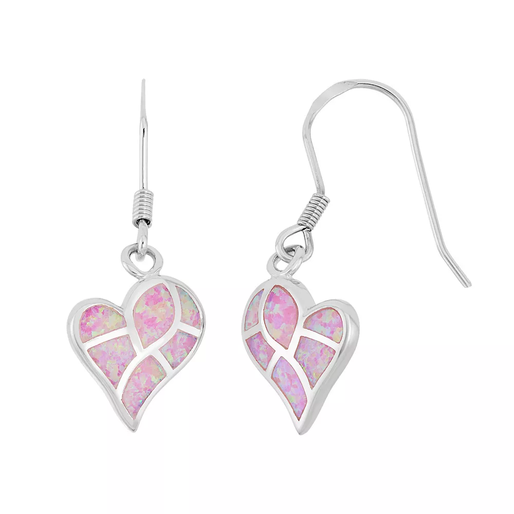 Sterling Silver Lab-Created Pink Opal Heart Drop Earrings