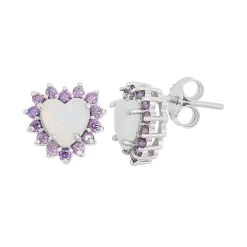 Sterling Silver Lab-Created Opal & Cubic Zirconia Heart Halo Stud Earrings