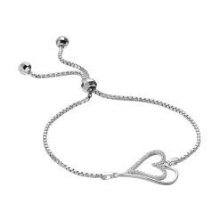 Sterling Silver Cubic Zirconia Heart Bolo Bracelet