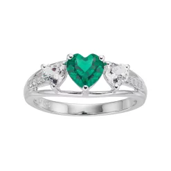 Sterling Silver Simulated Emerald & Lab-Created White Sapphire Triple Heart Ring