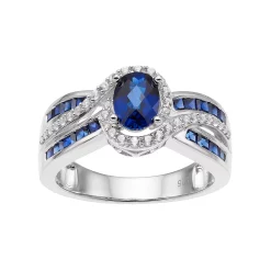 Sterling Silver Lab-Created Blue & White Sapphire Oval Halo Ring