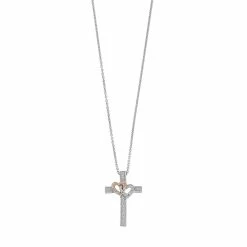 Two Tone Sterling Silver 1/10 Carat T.W. Diamond Interlocking Heart & Cross Pendant
