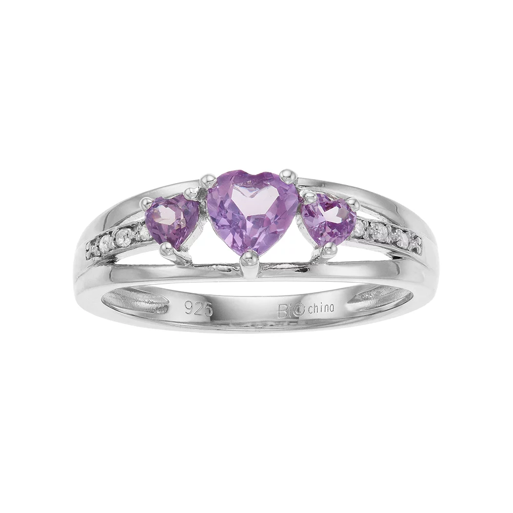 Gemminded Sterling Silver Lab-Created Alexandrite Diamond Accent 3-Stone Heart Ring