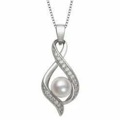Sterling Silver Freshwater Cultured Pearl & Lab Created White Sapphire Twist Pendant Necklace