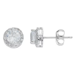 RADIANT GEM Sterling Silver Aquamarine Halo Stud Earrings