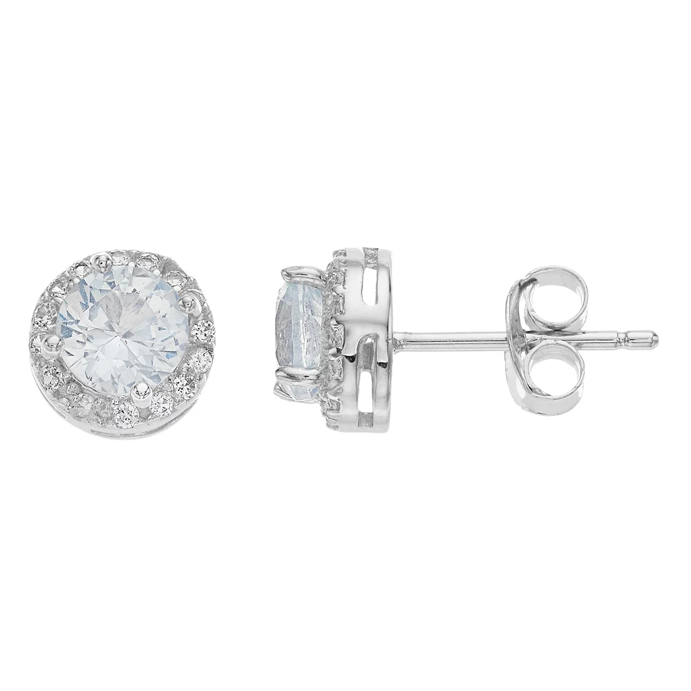RADIANT GEM Sterling Silver Aquamarine Halo Stud Earrings