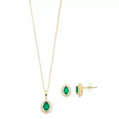 14k Gold Over Silver Lab-Created Emerald & Lab-Created White Sapphire Teardrop Pendant & Earring Set