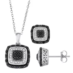 Sterling Silver 1/2 Carat T.W. Black & White Diamond Pendant & Earring Set