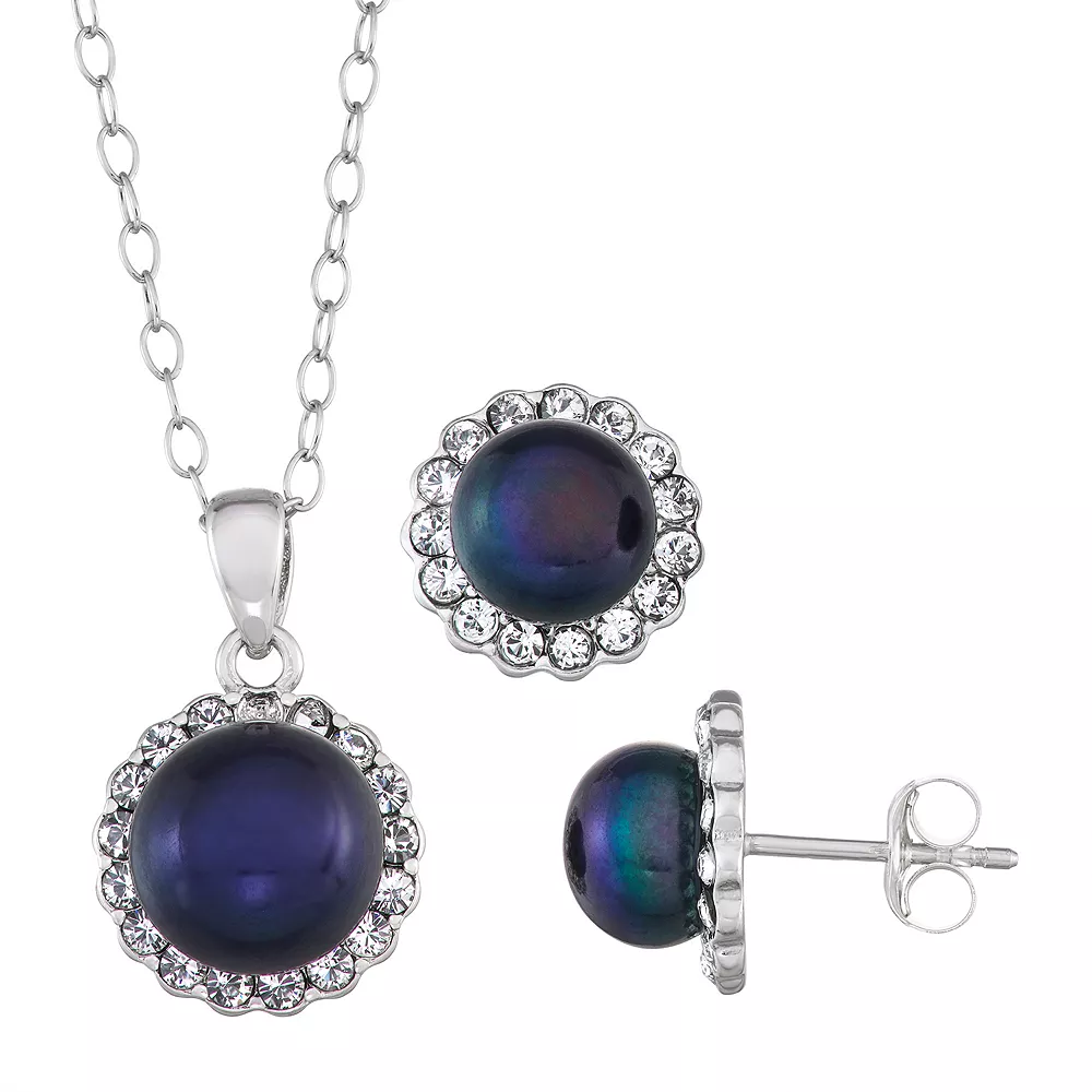 Sterling Silver Black Pearl Halo Earring & Pendant Necklace Set