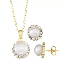 Sterling Silver Freshwater Cultured Pearl Halo Earring & Pendant Necklace Set