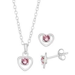 Charming Girl Sterling Silver Pink Crystal Heart Pendant & Earring Set