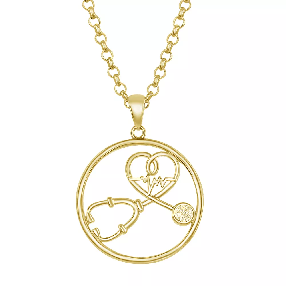 Sterling Silver Cubic Zirconia Stethoscope & Heartbeat Necklace
