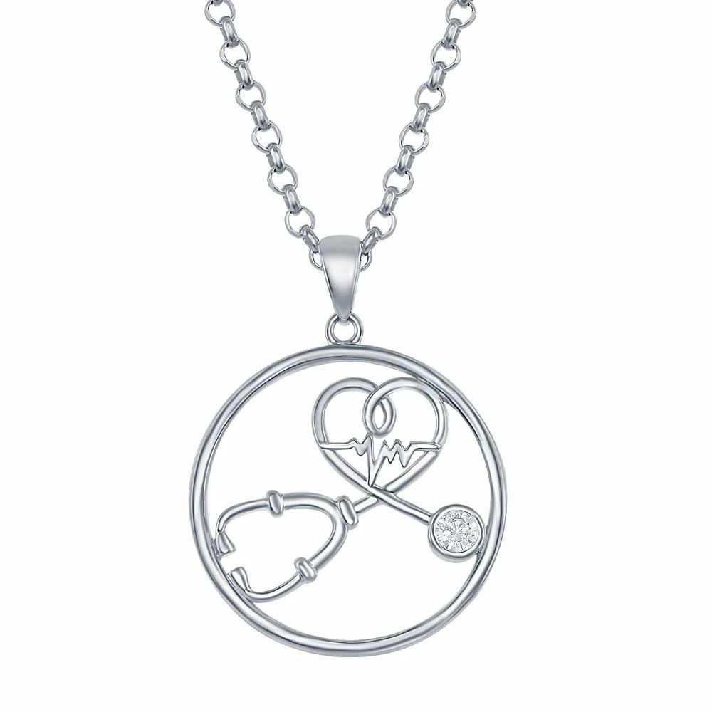 Sterling Silver Cubic Zirconia Stethoscope & Heartbeat Necklace - Image 2