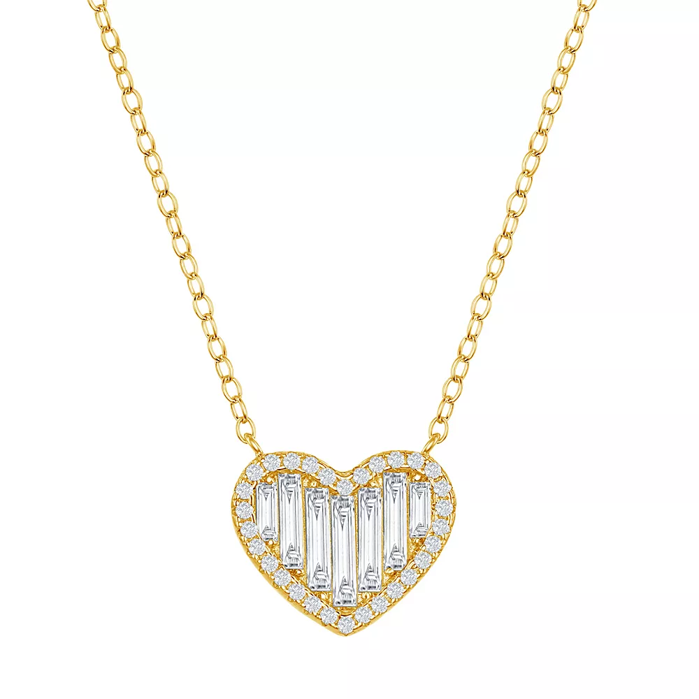 Sterling Silver Round & Baguette Cubic Zirconia Heart Necklace