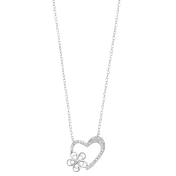 Sterling Silver Cubic Zirconia Open Heart & Flower Necklace