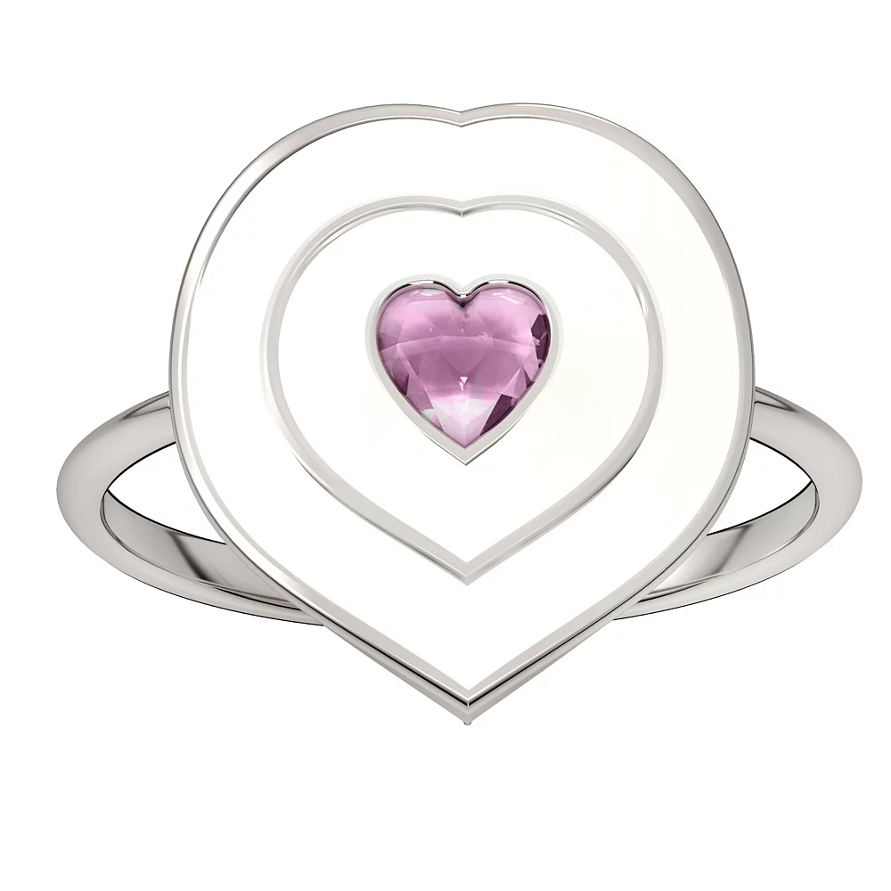 Sterling Silver Lab-Created Pink Sapphire & Enamel Heart Ring - Size 7