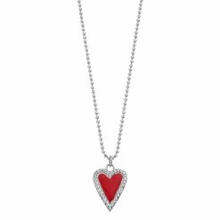 Sterling Silver Red Enamel & Cubic Zirconia Heart Pendant Necklace