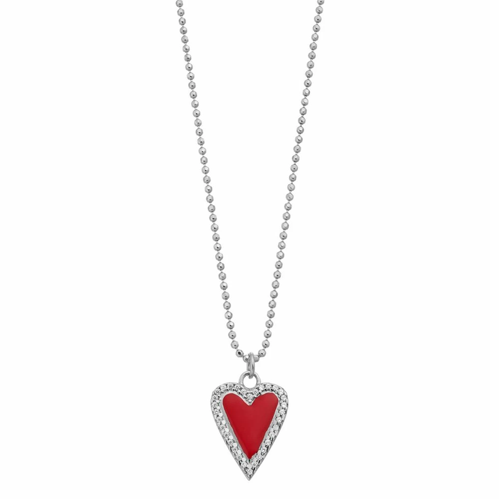 Sterling Silver Red Enamel & Cubic Zirconia Heart Pendant Necklace