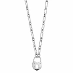 Sterling Silver Heart Lock Pendant Paper Clip Chain Necklace