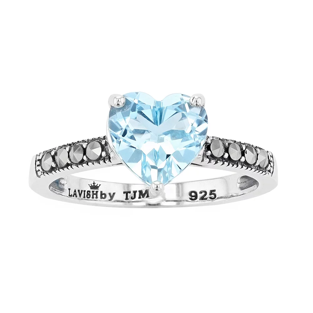Lavish by TJM Sterling Silver Sky Blue Topaz & Marcasite Heart Ring