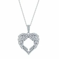 Argento Bella Sterling Silver Cubic Zirconia Angel Wings Heart Pendant Necklace