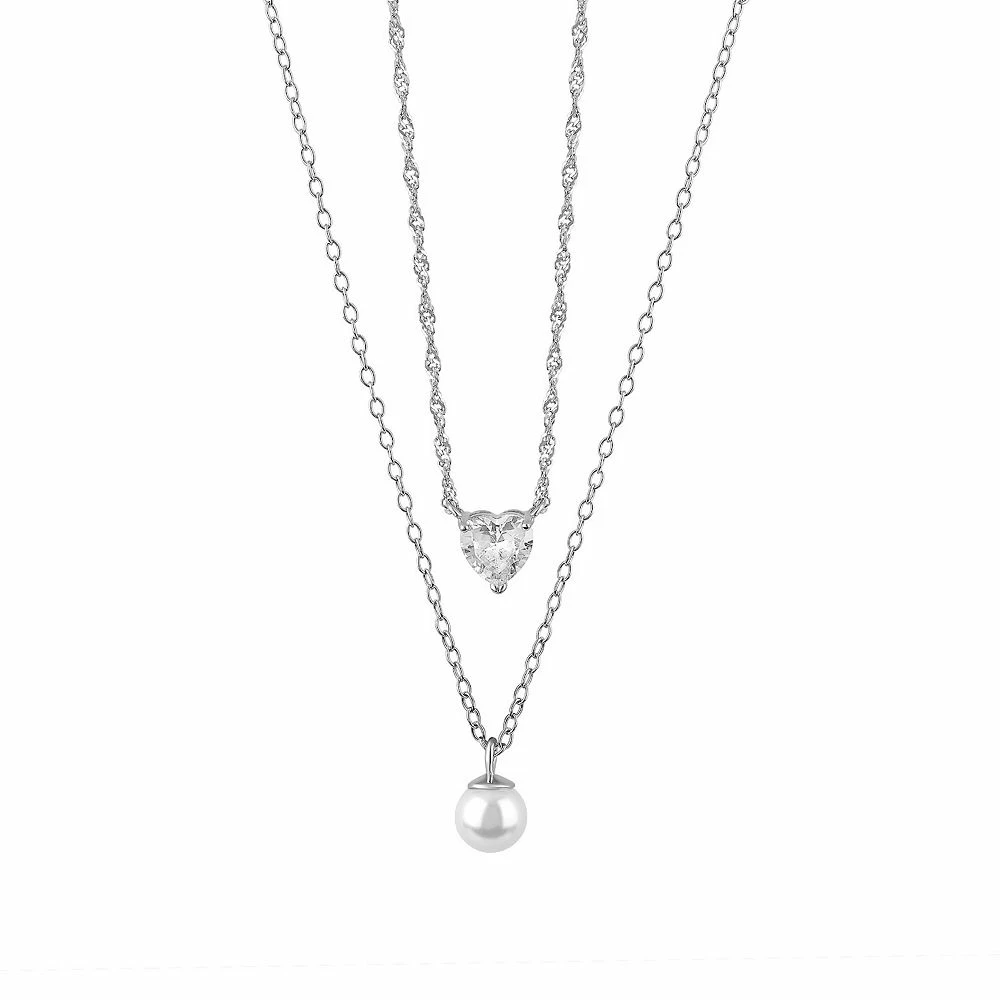 PRIMROSE Sterling Silver Cubic Zirconia & Simulated Pearl Double-Layer Heart & Simulated Pearl Medallion Necklace